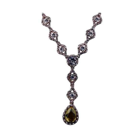Silver Tone Womens Necklace With Crystals & Teardrop Yellow Gem Statement - Picture 3 of 5
